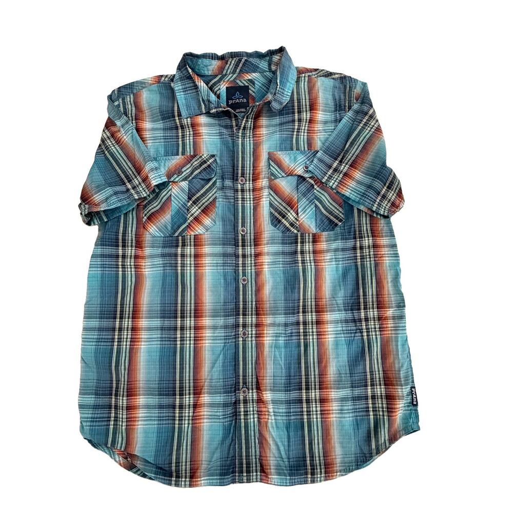 Prana Men's Ostend Blue Plaid Button Down Short Sleeve Shirt L